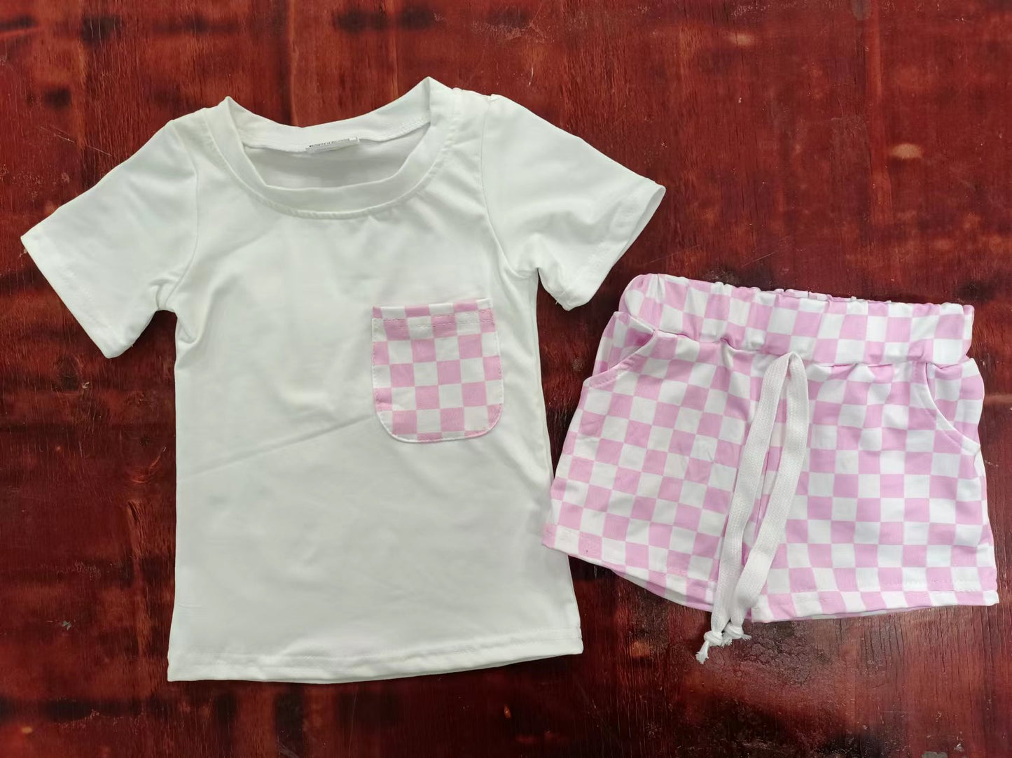 Summer girls white pink grid shorts pajama suit