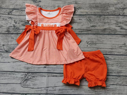 custom moq 5 eta 5weeks summer team CLEMSON  baby girls clothes orange flying sleeve shorts set