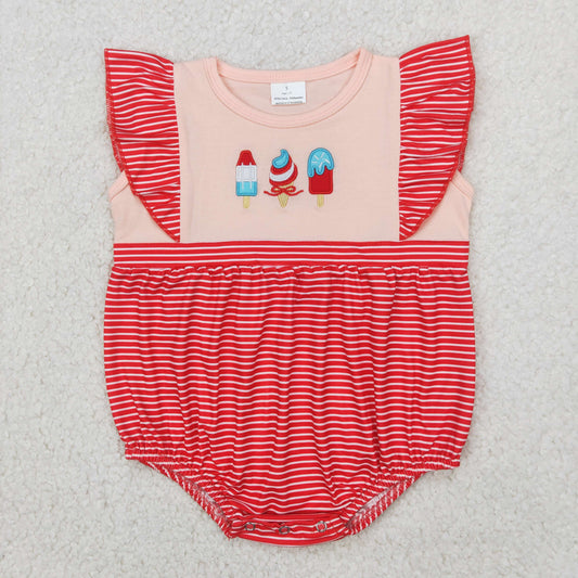 RTS NO MOQ SR2635 Embroidered ice cream bow pattern striped red vest jumpsuit