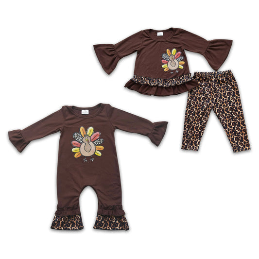 RTS NO MOQ  6 A8-12 6 A2-6 Hot Stamped Turkey Dark Brown Cotton Long Sleeve Suit & Crawling Suit