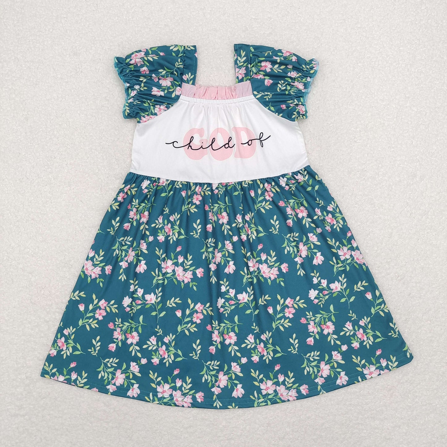 RTS NO MOQ（In Stock) GSD1388 Child of God flower green short-sleeved dress