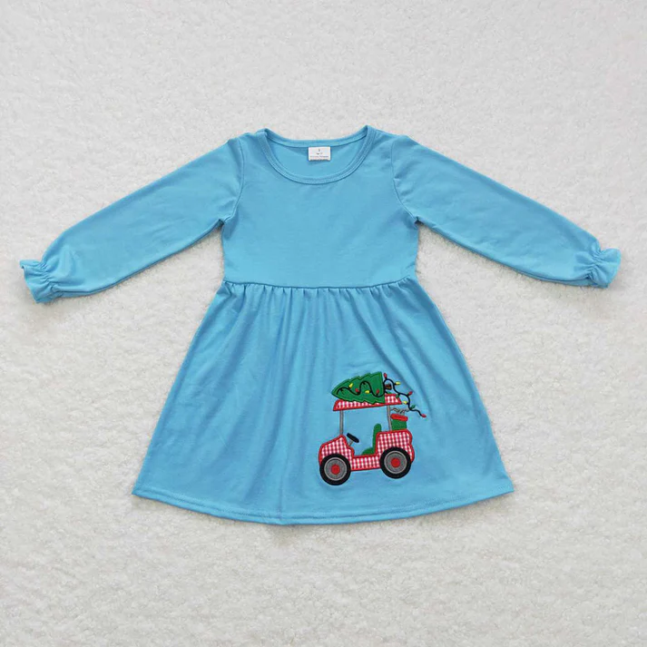 RTS NO MOQ Embroidered Tour Bus-Christmas Tree Pattern Blue Long Sleeve Dress*Long Sleeve Top