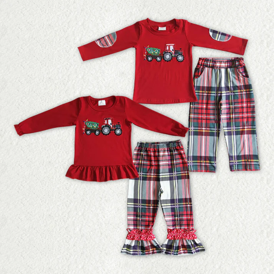 RTS NO MOQ  Red long-sleeved suit with embroidered truck carrying a Christmas tree