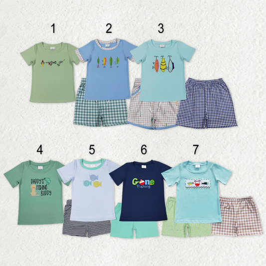 RTS NO MOQ Sibling baby boy clothes embroidery fishing short-sleeved shorts suits
