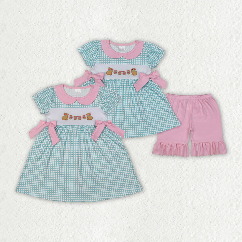RTS NO MOQ baby Girls Clothes embroidery easter short sleeve shorts Sets and dress