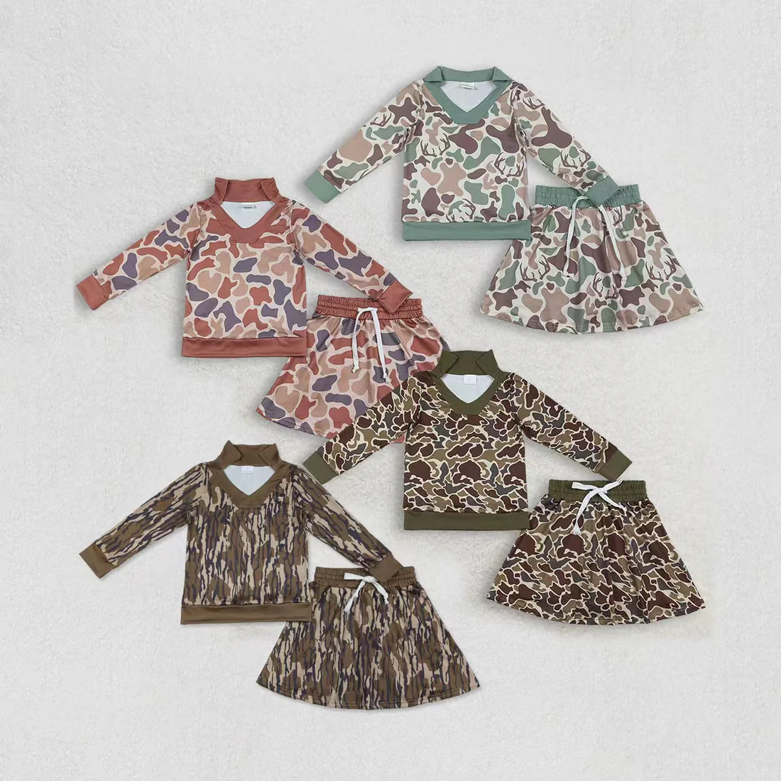 RTS NO MOQ Sibling Baby Girls Clothes camouflage long-sleeved skirts sets