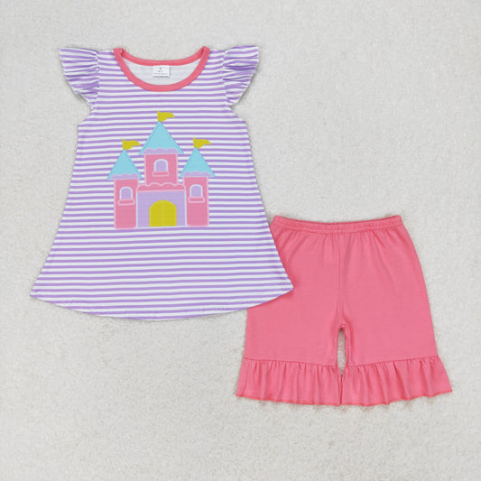 rts no moq GSSO0775 print castle purple striped flying sleeve pink shorts suit