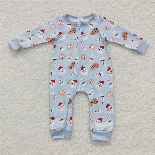 RTS NO MOQ（In Stock ) LR0472 Milk Cookie Santa blue Zipper Long Sleeve Bodysuit