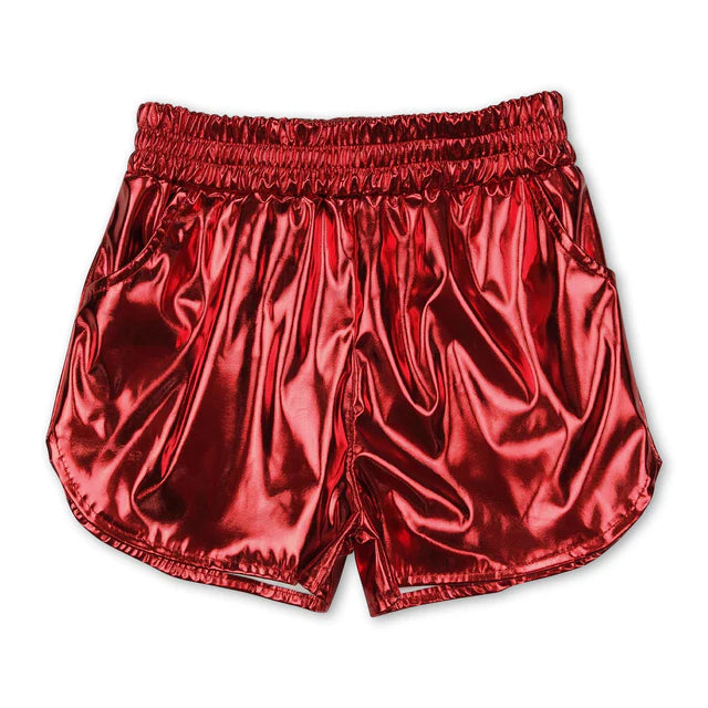 RTS NO MOQ Sibling Baby Girls  Pockets Leather Metallic Elastic Bottom Shorts