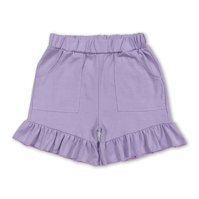 RTS NO MOQ Sibling Baby Girls Lavender Pockets Summer Cotton Ruffle Short Bottoms