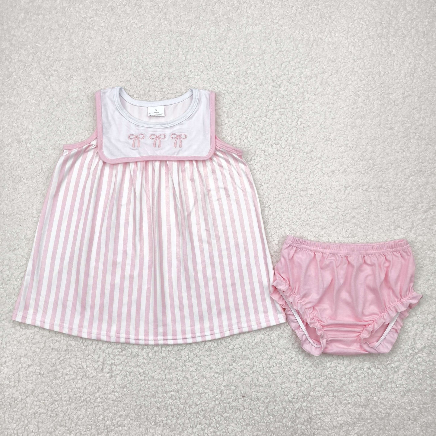 RTS NO MOQ GBO0476 White sleeveless briefs set with pink stripes and embroidered bow pattern