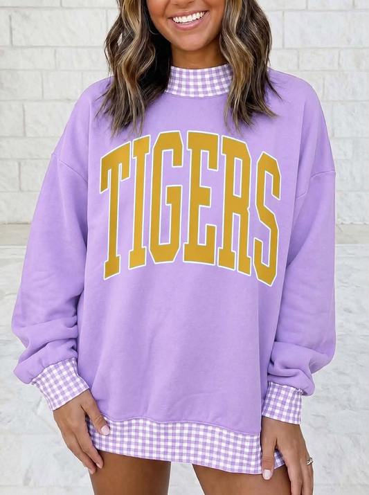custom moq 5 mix size AAFTBX01 Adult And Kids Plaid Round Neck Purple Long Sleeve Casual Top