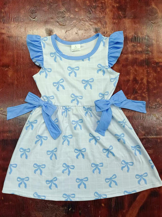 Custom moq 3 eta 6-7weeks baby girl clothes bow blue flying sleeve dress