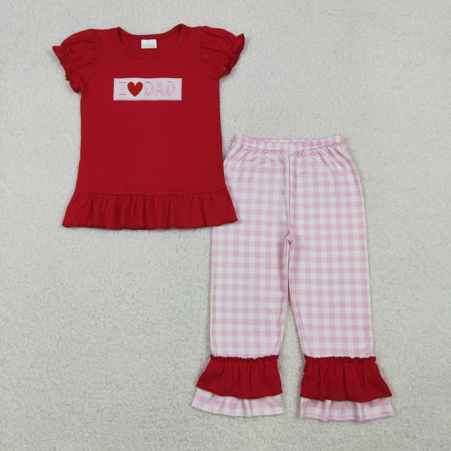 RTS NO MOQ（In Stock) GSPO2072 Embroidered I LOVE DAD red lace short-sleeved pink plaid pantsuit