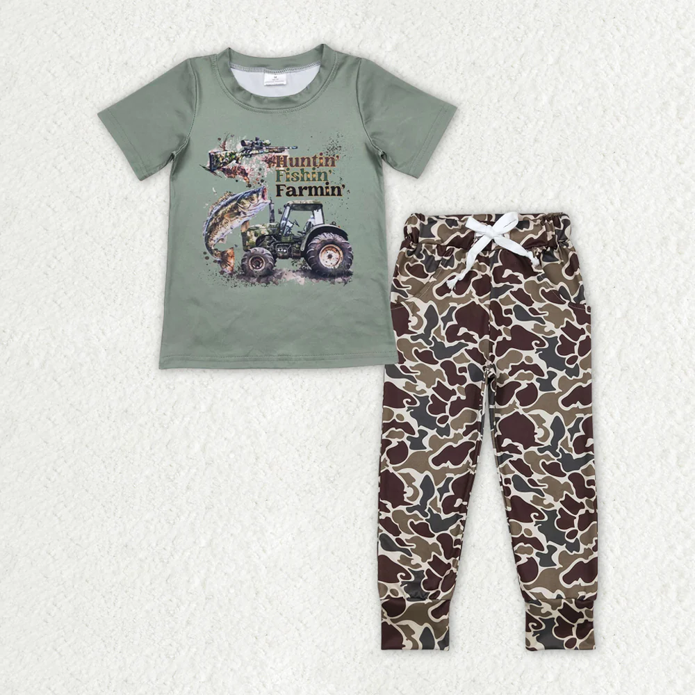 RTS NO MOQ Sibling Baby boy clothes duck puppy camouflage Short Sleeve pants Suits