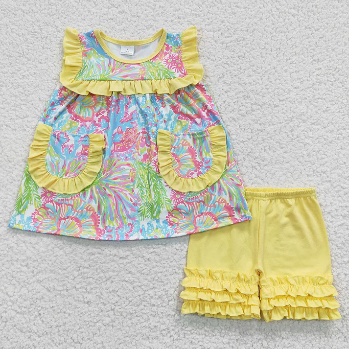 RTS NO MOQ baby girl clothes floral short-sleeved shorts sets and romper dress