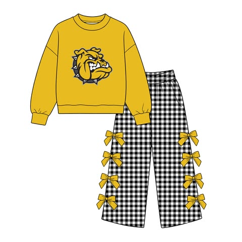 custom moq 5 mix size BM0101 Baby Girls Long Sleeve Top And Checkerboard Bow Wide Leg Pants Team Set
