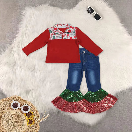 RTS NO MOQ Sibling Baby Boys Girls Long Sleeve Bows Camo Zipper Pullover Sherpa Tops DENIM SETS and top and jeans