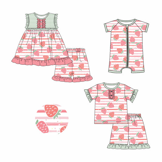 3.12 custom each style moq 5eta 4-6week Sibling Sister strawberry baby girl short sleeve shorts sets and sets 2 and boy romper match design