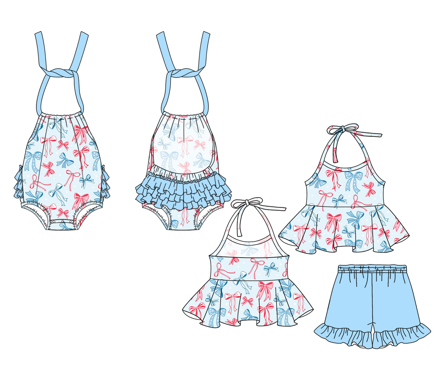 2.15 custom each style moq 5eta 4-6week Sibling Sister bow baby girl short sleeve shorts sets and romper match design