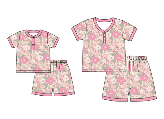 4.25 custom each style moq 5eta 4-6week Sibling Sister floral short sleeve shorts sets and adult sets match design