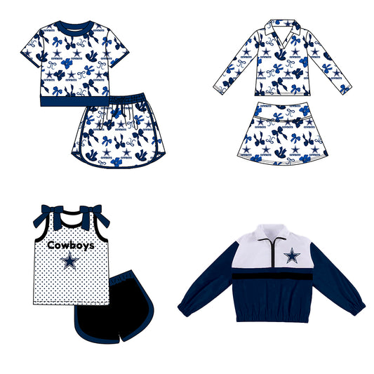 Custom moq 5 mix size milk silk summer teams Navy Blue Girls Polka Dot Sleeveless Top Shorts Set Top Skirt Short Set Long Sleeve Pullover Tops