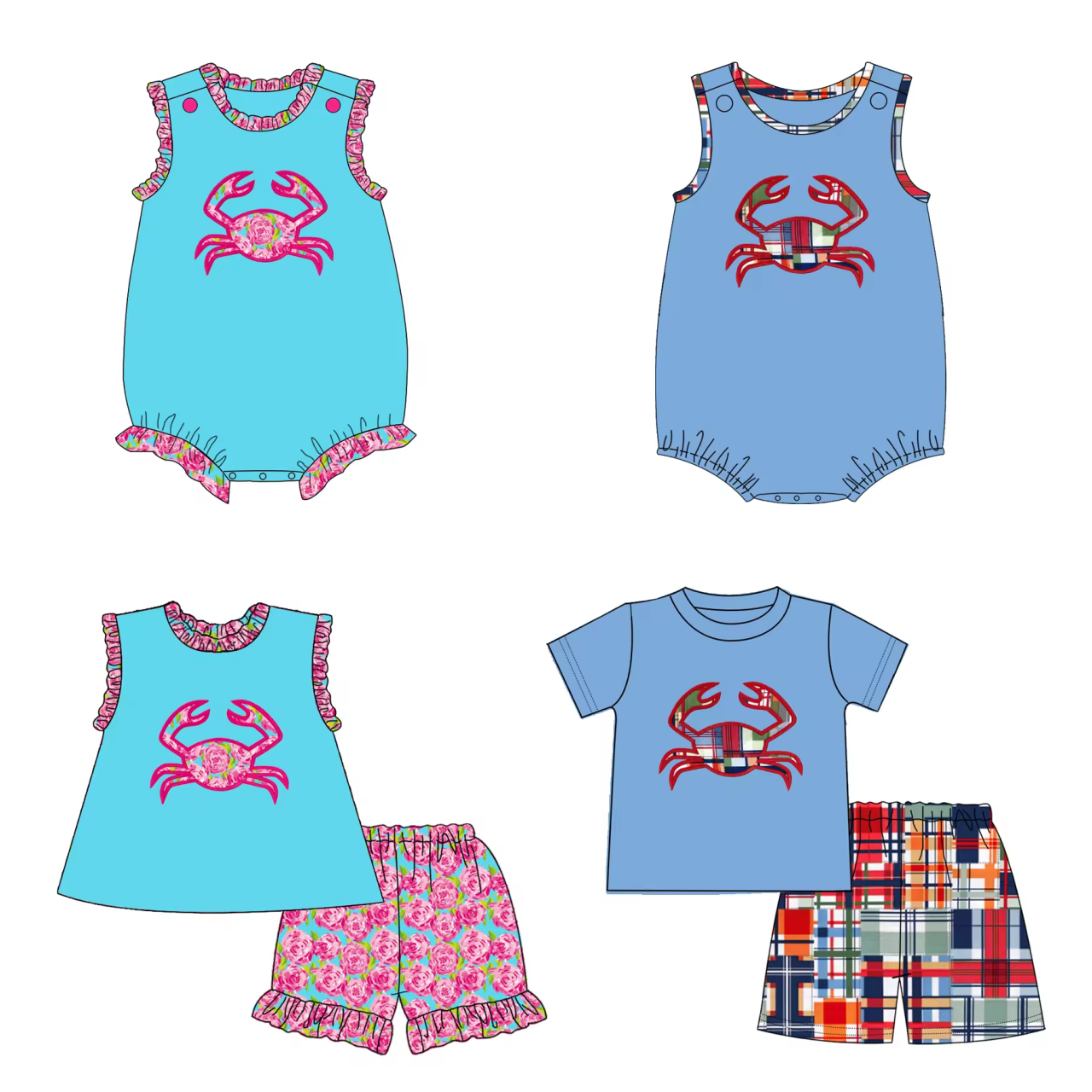 5.21custom each style moq 5eta 4-5week Sibling Sister flower crab print green and blue girls and boys outfits and baby romper match family design