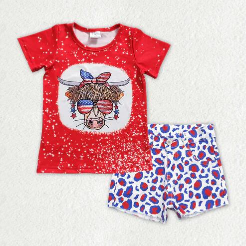 RTS NO MOQ Sibling Baby Girls 4th of July Outfit Set Top with Denim Pockets Shorts Clothing