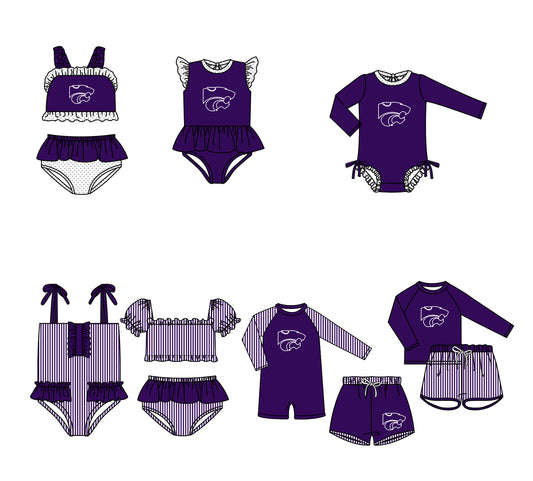 Custom moq 5 mix size milk silk summer teams baby girl boys clothes Purple Two-Piece Swimsuit Set One Piece Swimsuits boy swim trunks