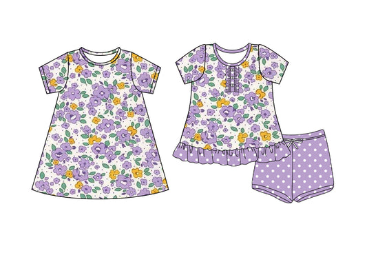 4.8 custom each style moq 5eta 4-6week Sibling Sister floral baby girl short sleeve shorts sets and dresses match design