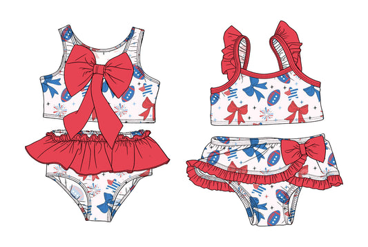 3.14 Custom moq 5 mix size Sibling Baby Girls 4th of July Bow Sleeveless Top With Bow Bummies Two-Piece Set Infant Swimwear