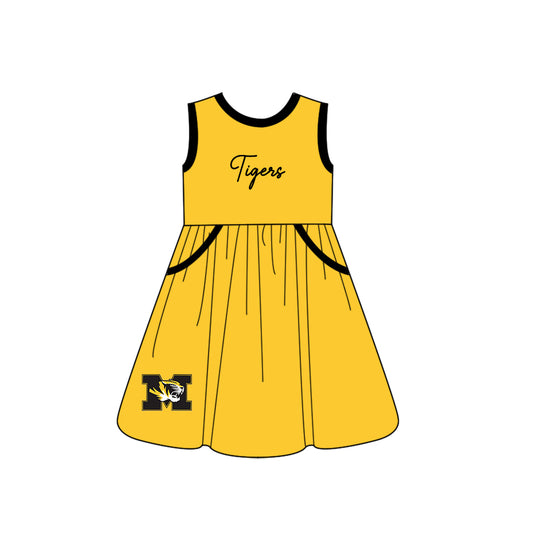 Custom moq 5 each style eta 6-8weeks baby girl clothes team yellow sleeveless dress-25.10.14