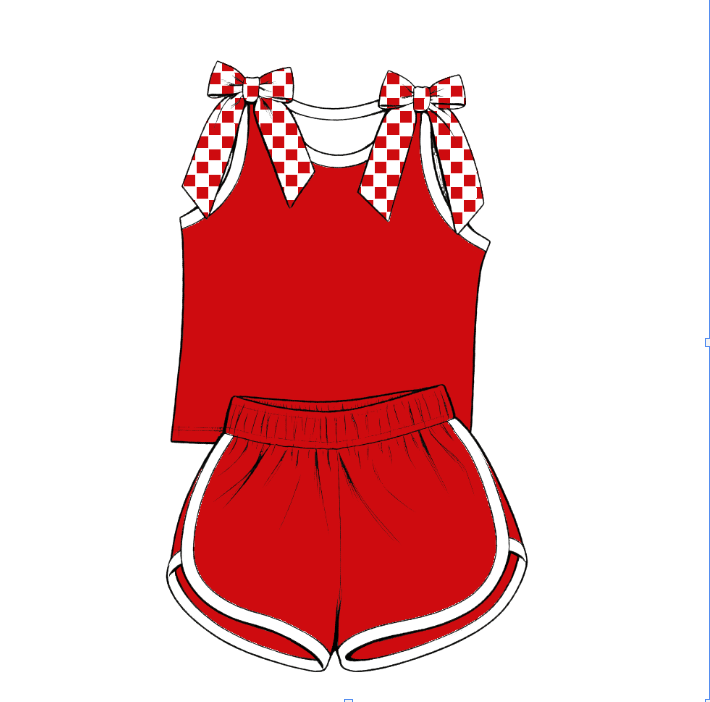 custom moq 5 mix size Baby Girls Checked Bow Sleeveless Top Shorts Summer Outfit Sets