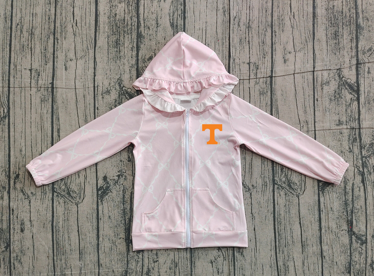 Custom moq 5 mix size milk silk baby girls clothes team summer lace bow pink zipper hooded long sleeve top-25.11.22