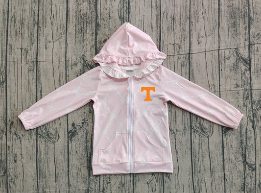Custom moq 5 mix size milk silk baby girls clothes team summer lace bow pink zipper hooded long sleeve top-25.11.22