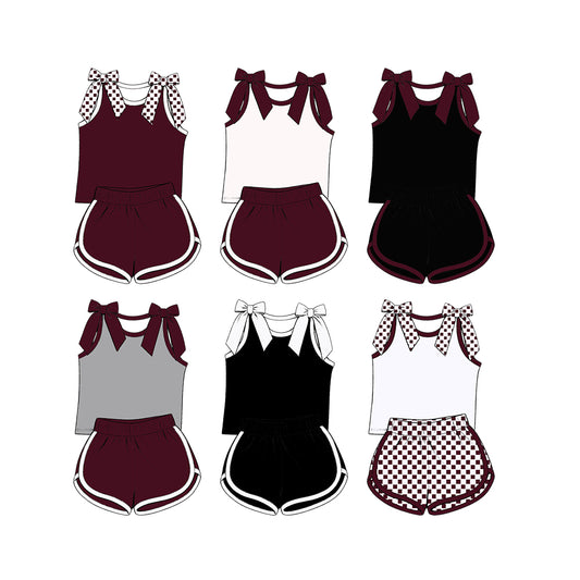 custom moq 5 mix size Baby Girls Maroon Bow Sleeveless Top Shorts Summer Casual Clothes Set