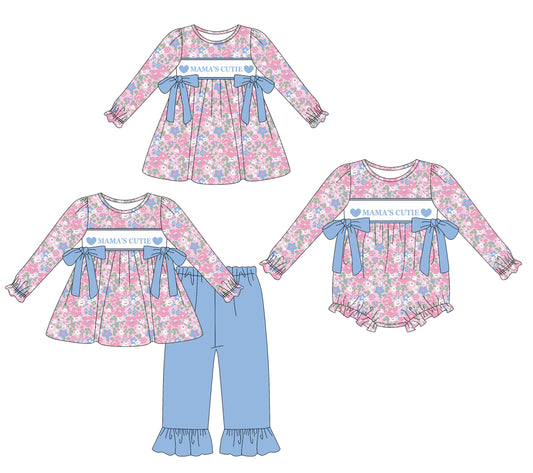 25.9.19 custom each style moq 8 eta 6-8week Sibling Sisters MAMA floral baby girl long sleeve pants sets and dress and rompers match family design