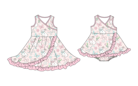 25.10.13 custom each style moq 5 eta 6-8week Sibling Sisters bunny floral bow baby girl short sleeve dress and romper match family design