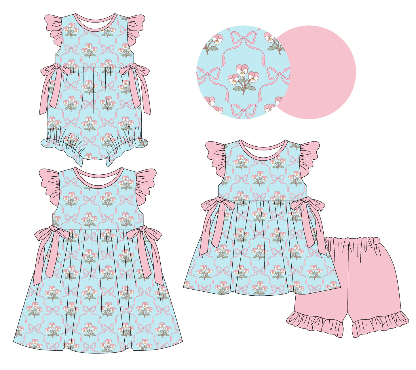 25.12.18 custom each style moq 5 eta 6-8week Sibling Sister bow floral baby short sleeve shorts sets and romper and dress match design