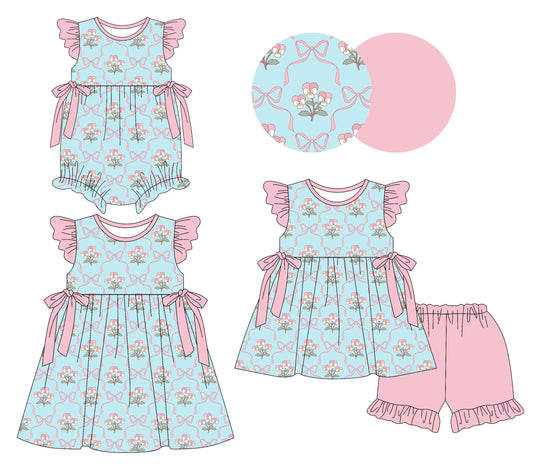 25.12.18 custom each style moq 5 eta 6-8week Sibling Sister bow floral baby short sleeve shorts sets and romper and dress match design