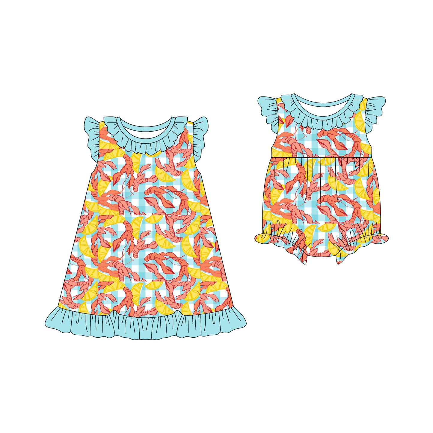 25.12.16 custom each style moq 5 eta 6-8week Sibling Sister lobster baby short sleeve romper and dress match design