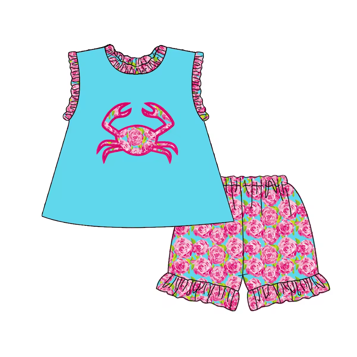 5.21custom each style moq 5eta 4-5week Sibling Sister flower crab print green and blue girls and boys outfits and baby romper match family design