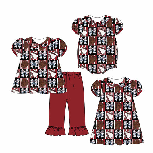 4.28 custom each style moq 5eta 4-6week Sibling Sisters bow baseball baby girl short sleeve pants sets and dress and romper match family design