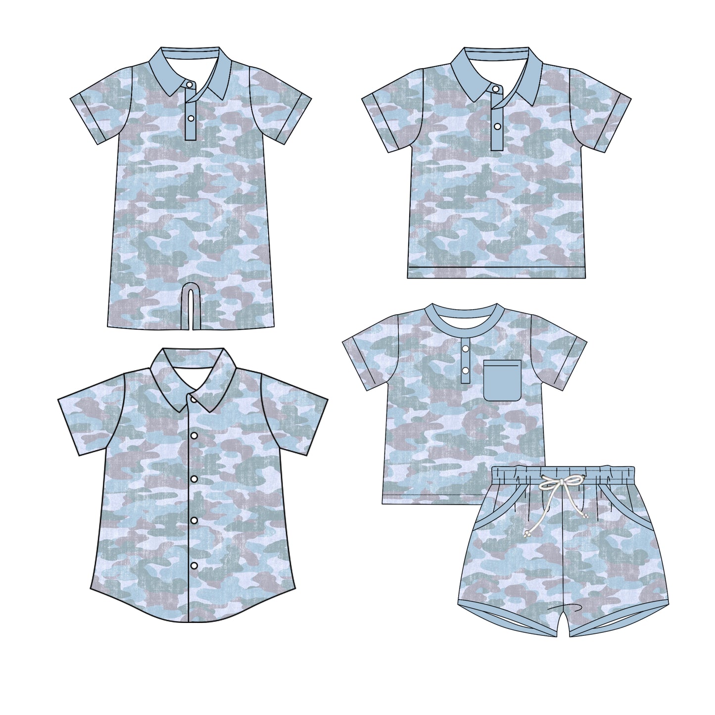 Custom moq 5 mix size Sibling Blue Camouflage Short Sleeved Shirt And Shorts Set for Baby Boys Short-Sleeved Polo Shirt Rompers Outfit Boys' Clothing Set