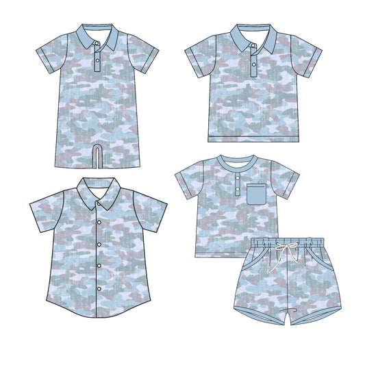 Custom moq 5 mix size Sibling Blue Camouflage Short Sleeved Shirt And Shorts Set for Baby Boys Short-Sleeved Polo Shirt Rompers Outfit Boys' Clothing Set