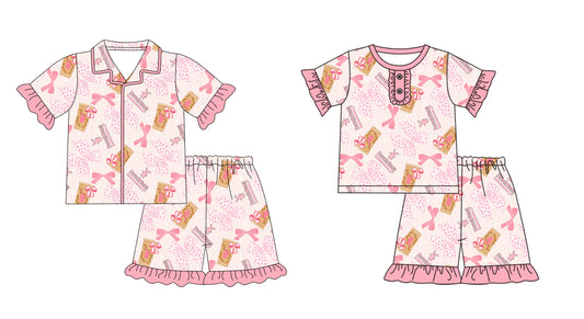 3.27 custom each style moq 5eta 4-6week Sibling Sister bow baby girls short sleeve set and set 2 match design