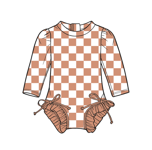 Custom moq 5 mix size milk silk summer teams Baby Girl's Brown Plaid Long-Sleeved Onesie Swimsuit