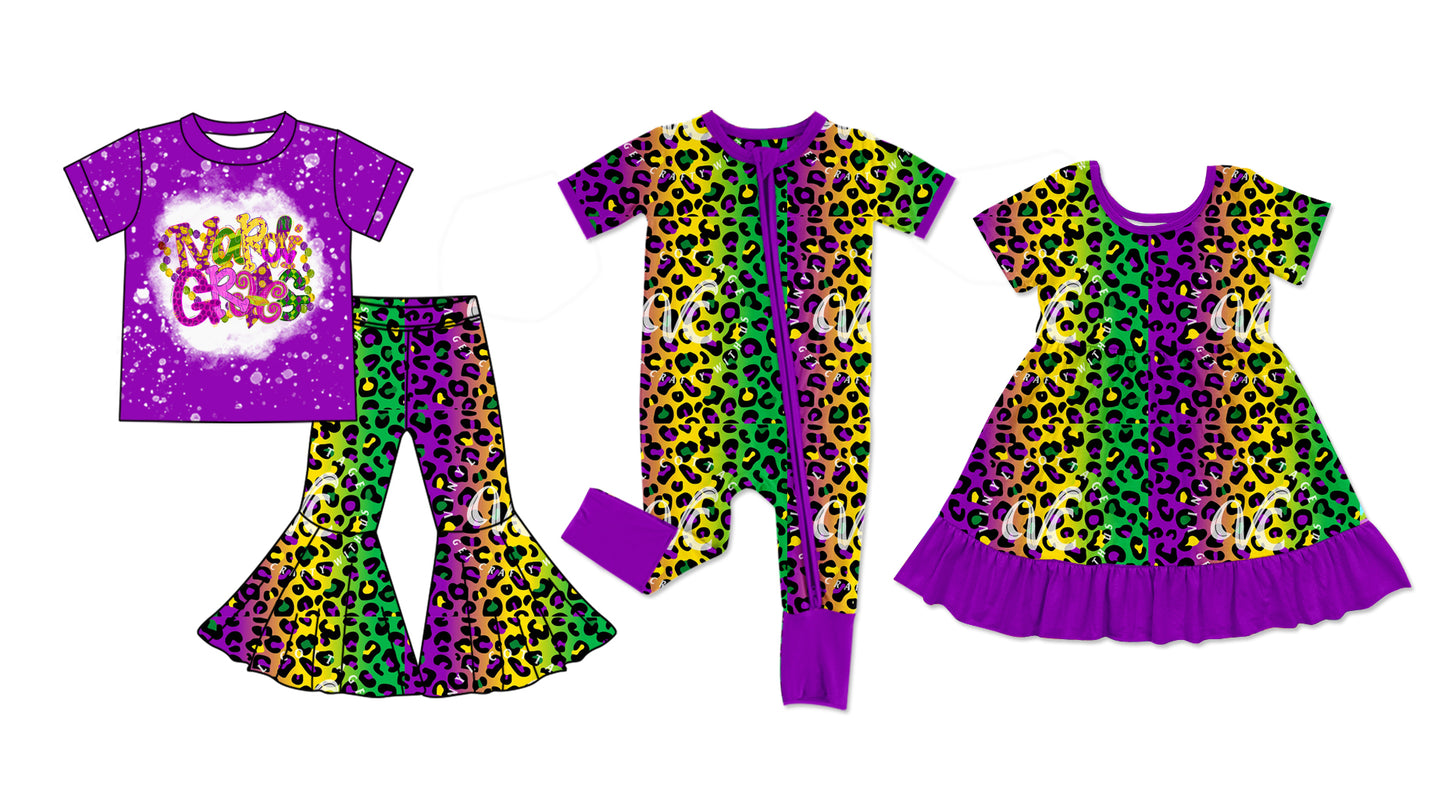 12.3 custom each style moq 5eta 4-6week Sibling Sister mardi gras leopard baby girl sets and dress and rompers match family design