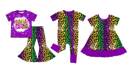 12.3 custom each style moq 5eta 4-6week Sibling Sister mardi gras leopard baby girl sets and dress and rompers match family design