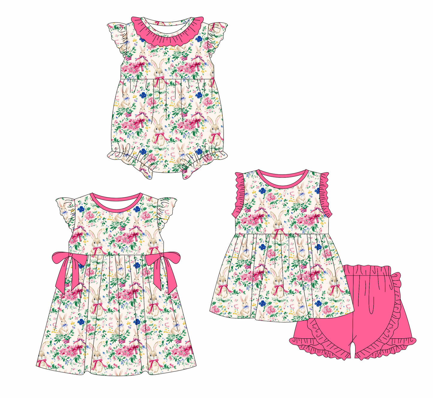 25.12.24 custom each style moq 5 eta 6-8week Sibling Sister bunny floral baby short sleeve shorts sets and romper and dress match design